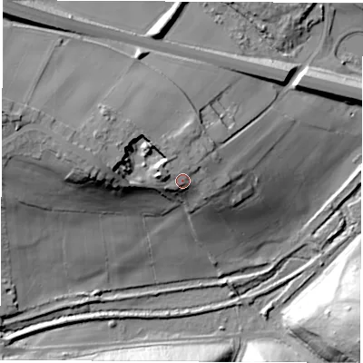 Shaded relief map of the ground around S730PF, computed from Environment Agency LiDAR. The ground here sits at about 60 m above sea level and falls 38 m across the surrounding 800 m. Surface water reaching this point runs off ground lying to the west-north-west, 3.0 m higher.