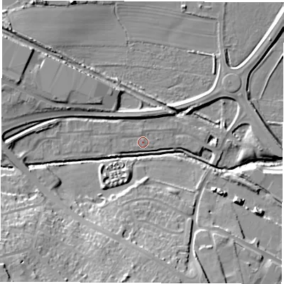 Shaded relief map of the ground around S730UP, computed from Environment Agency LiDAR. The ground here sits at about 25 m above sea level and falls 26 m across the surrounding 800 m. Surface water reaching this point runs off ground lying to the west, 1.4 m higher.