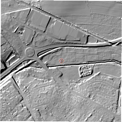 Shaded relief map of the ground around S730US, computed from Environment Agency LiDAR. The ground here sits at about 26 m above sea level and falls 33 m across the surrounding 800 m. Surface water reaching this point runs off ground lying to the west-north-west, 10.4 m higher.