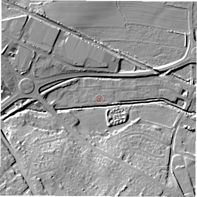Shaded relief map of the ground around S730UT, computed from Environment Agency LiDAR. The ground here sits at about 26 m above sea level and falls 30 m across the surrounding 800 m. Surface water reaching this point runs off ground lying to the west-south-west, 0.9 m higher.