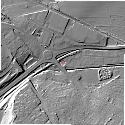 Shaded relief map of the ground around S730UU, computed from Environment Agency LiDAR. The ground here sits at about 26 m above sea level and falls 33 m across the surrounding 800 m. Surface water reaching this point runs off ground lying to the west-north-west, 10.4 m higher.