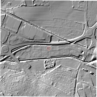 Shaded relief map of the ground around S730UX, computed from Environment Agency LiDAR. The ground here sits at about 25 m above sea level and falls 26 m across the surrounding 800 m. Surface water reaching this point runs off ground lying to the west-south-west, 1.7 m higher.
