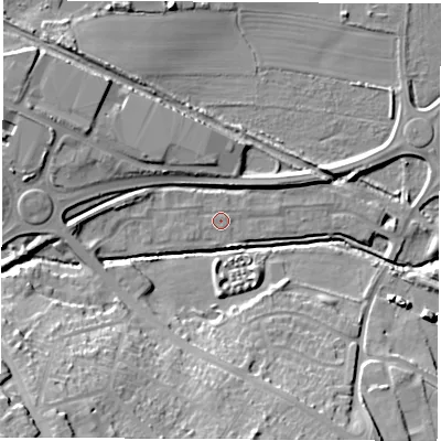 Shaded relief map of the ground around S730UY, computed from Environment Agency LiDAR. The ground here sits at about 26 m above sea level and falls 28 m across the surrounding 800 m. Surface water reaching this point runs off ground lying to the west-south-west, 1.1 m higher.