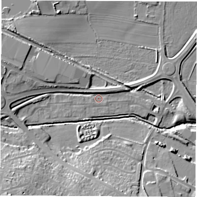 Shaded relief map of the ground around S730WD, computed from Environment Agency LiDAR. The ground here sits at about 25 m above sea level and falls 25 m across the surrounding 800 m. Surface water reaching this point runs off ground lying to the west-north-west, 8.7 m higher.