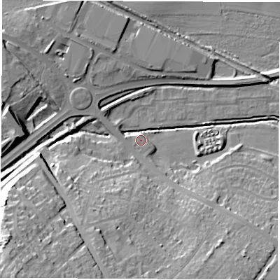Shaded relief map of the ground around S730XB, computed from Environment Agency LiDAR. The ground here sits at about 28 m above sea level and falls 36 m across the surrounding 800 m. Surface water reaching this point runs off ground lying to the south-west, 29.2 m higher.