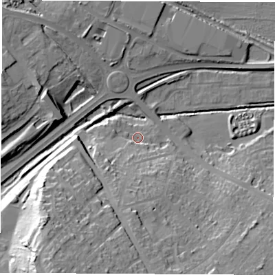 Shaded relief map of the ground around S730YD, computed from Environment Agency LiDAR. The ground here sits at about 29 m above sea level and falls 37 m across the surrounding 800 m. Surface water reaching this point runs off ground lying to the south, 17.3 m higher.