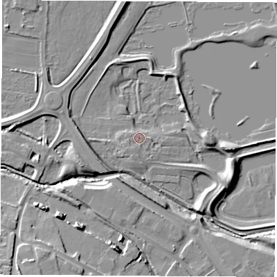 Shaded relief map of the ground around S730YF, computed from Environment Agency LiDAR. The ground here sits at about 22 m above sea level and falls 18 m across the surrounding 800 m. Surface water reaching this point runs off ground lying to the south-south-west, 4.3 m higher.