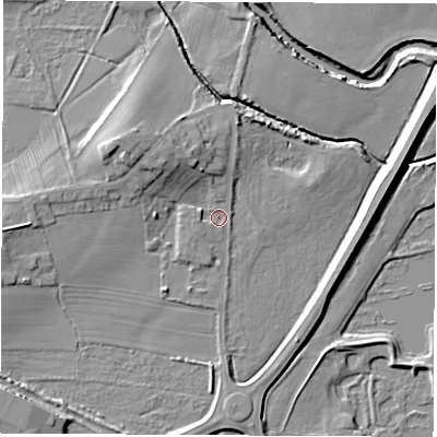 Shaded relief map of the ground around S730YG, computed from Environment Agency LiDAR. The ground here sits at about 22 m above sea level and falls 11 m across the surrounding 800 m. Surface water reaching this point runs off ground lying to the north-west, 6.3 m higher.