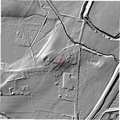 Shaded relief map of the ground around S730YQ, computed from Environment Agency LiDAR. The ground here sits at about 28 m above sea level and falls 11 m across the surrounding 800 m. Surface water reaching this point runs off ground lying to the west-north-west, 1.4 m higher.