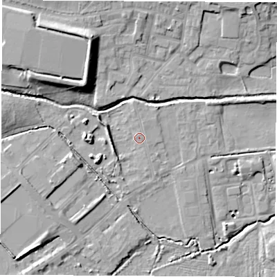 Shaded relief map of the ground around S738AF, computed from Environment Agency LiDAR. The ground here sits at about 27 m above sea level and falls 17 m across the surrounding 800 m. Surface water reaching this point runs off ground lying to the north-north-west, 0.9 m higher.