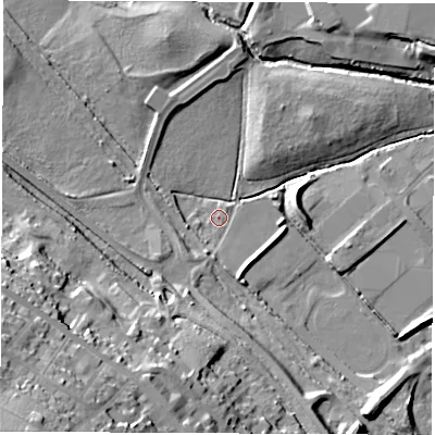 Shaded relief map of the ground around S738DG, computed from Environment Agency LiDAR. The ground here sits at about 28 m above sea level and falls 42 m across the surrounding 800 m. Surface water reaching this point runs off ground lying to the south-west, 39.2 m higher.