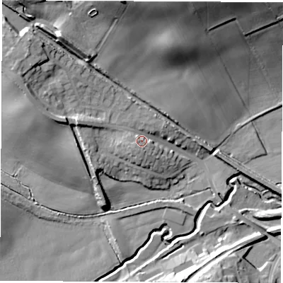 Shaded relief map of the ground around S738EJ, computed from Environment Agency LiDAR. The ground here sits at about 43 m above sea level and falls 32 m across the surrounding 800 m. Surface water reaching this point runs off ground lying to the north-west, 11.5 m higher.