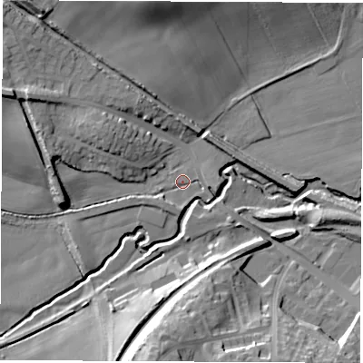Shaded relief map of the ground around S738EL, computed from Environment Agency LiDAR. The ground here sits at about 36 m above sea level and falls 27 m across the surrounding 800 m. Surface water reaching this point runs off ground lying to the south-south-west, 3.1 m higher.