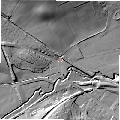 Shaded relief map of the ground around S738EP, computed from Environment Agency LiDAR. The ground here sits at about 36 m above sea level and falls 26 m across the surrounding 800 m. Surface water reaching this point runs off ground lying to the north-north-west, 21.8 m higher.