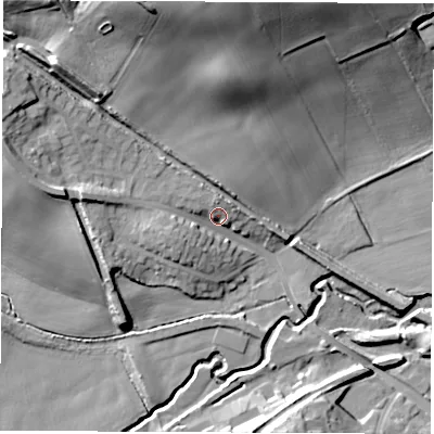 Shaded relief map of the ground around S738EQ, computed from Environment Agency LiDAR. The ground here sits at about 41 m above sea level and falls 34 m across the surrounding 800 m. Surface water reaching this point runs off ground lying to the north-west, 14.1 m higher.