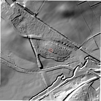 Shaded relief map of the ground around S738ES, computed from Environment Agency LiDAR. The ground here sits at about 43 m above sea level and falls 24 m across the surrounding 800 m. Surface water reaching this point runs off ground lying to the north, 3.2 m higher.