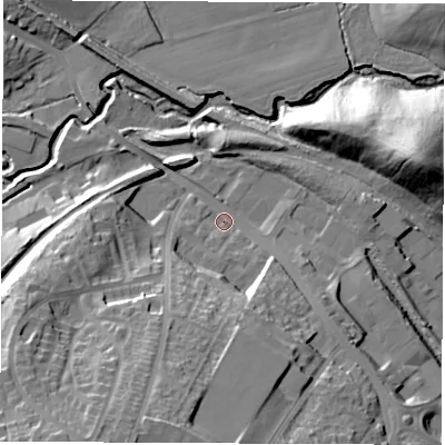 Shaded relief map of the ground around S738FH, computed from Environment Agency LiDAR. The ground here sits at about 37 m above sea level and falls 37 m across the surrounding 800 m. Surface water reaching this point runs off ground lying to the south-south-west, 28.0 m higher.