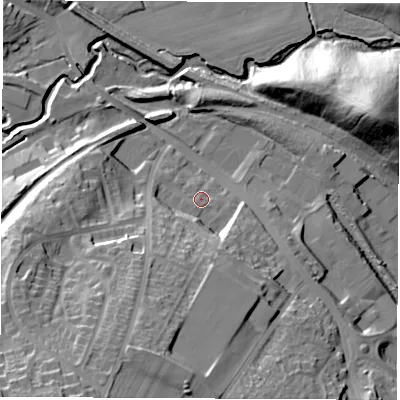 Shaded relief map of the ground around S738FJ, computed from Environment Agency LiDAR. The ground here sits at about 39 m above sea level and falls 41 m across the surrounding 800 m. Surface water reaching this point runs off ground lying to the south-south-west, 14.3 m higher.
