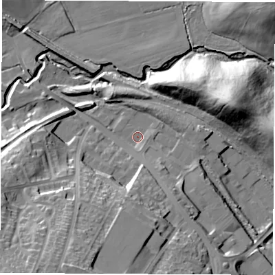 Shaded relief map of the ground around S738HA, computed from Environment Agency LiDAR. The ground here sits at about 36 m above sea level and falls 36 m across the surrounding 800 m. Surface water reaching this point runs off ground lying to the south-south-east, 2.1 m higher.