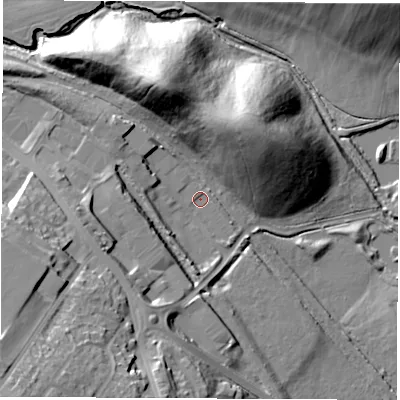 Shaded relief map of the ground around S738HR, computed from Environment Agency LiDAR. The ground here sits at about 34 m above sea level and falls 35 m across the surrounding 800 m. Surface water reaching this point runs off ground lying to the south-south-west, 11.1 m higher.