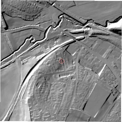 Shaded relief map of the ground around S738SW, computed from Environment Agency LiDAR. The ground here sits at about 46 m above sea level and falls 39 m across the surrounding 800 m. Surface water reaching this point runs off ground lying to the south-south-west, 24.6 m higher.