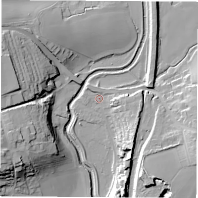 Shaded relief map of the ground around S739HN, computed from Environment Agency LiDAR. The ground here sits at about 24 m above sea level and falls 35 m across the surrounding 800 m. Surface water reaching this point runs off ground lying to the east, 6.6 m higher.