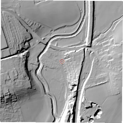 Shaded relief map of the ground around S739HP, computed from Environment Agency LiDAR. The ground here sits at about 24 m above sea level and falls 33 m across the surrounding 800 m. Surface water reaching this point runs off ground lying to the south, 23.7 m higher.