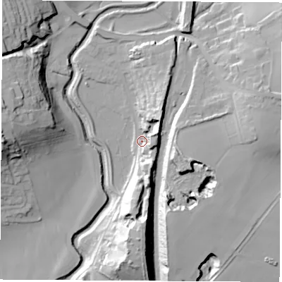 Shaded relief map of the ground around S739HR, computed from Environment Agency LiDAR. The ground here sits at about 25 m above sea level and falls 33 m across the surrounding 800 m. Surface water reaching this point runs off ground lying to the south, 28.6 m higher.