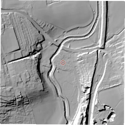 Shaded relief map of the ground around S739HW, computed from Environment Agency LiDAR. The ground here sits at about 24 m above sea level and falls 36 m across the surrounding 800 m. Surface water reaching this point runs off ground lying to the south-south-east, 23.1 m higher.