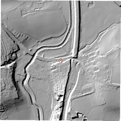 Shaded relief map of the ground around S739HX, computed from Environment Agency LiDAR. The ground here sits at about 25 m above sea level and falls 30 m across the surrounding 800 m. Surface water reaching this point runs off ground lying to the south-south-east, 19.3 m higher.