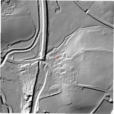 Shaded relief map of the ground around S739HZ, computed from Environment Agency LiDAR. The ground here sits at about 26 m above sea level and falls 23 m across the surrounding 800 m. Surface water reaching this point runs off ground lying to the east-south-east, 19.4 m higher.