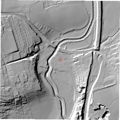 Shaded relief map of the ground around S739JH, computed from Environment Agency LiDAR. The ground here sits at about 24 m above sea level and falls 36 m across the surrounding 800 m. Surface water reaching this point runs off ground lying to the south-south-east, 21.5 m higher.