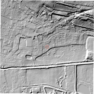 Shaded relief map of the ground around S739JN, computed from Environment Agency LiDAR. The ground here sits at about 25 m above sea level and falls 45 m across the surrounding 800 m. Surface water reaching this point runs off ground lying to the west-north-west, 3.2 m higher.