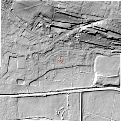 Shaded relief map of the ground around S739JQ, computed from Environment Agency LiDAR. The ground here sits at about 25 m above sea level and falls 48 m across the surrounding 800 m. Surface water reaching this point runs off ground lying to the north, 10.3 m higher.