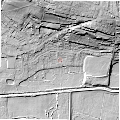 Shaded relief map of the ground around S739JS, computed from Environment Agency LiDAR. The ground here sits at about 25 m above sea level and falls 48 m across the surrounding 800 m. Surface water reaching this point runs off ground lying to the north, 43.7 m higher.