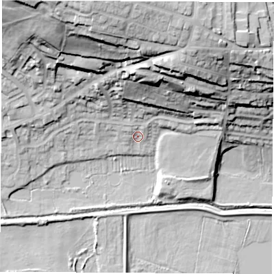 Shaded relief map of the ground around S739JT, computed from Environment Agency LiDAR. The ground here sits at about 26 m above sea level and falls 49 m across the surrounding 800 m. Surface water reaching this point runs off ground lying to the north-north-east, 34.9 m higher.