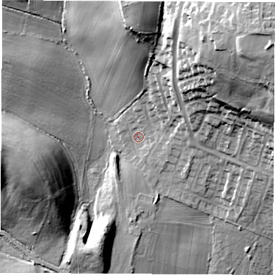 Shaded relief map of the ground around S739NU, computed from Environment Agency LiDAR. The ground here sits at about 36 m above sea level and falls 41 m across the surrounding 800 m. Surface water reaching this point runs off ground lying to the north-east, 35.9 m higher.