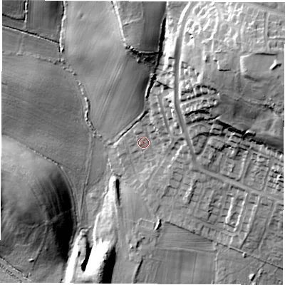 Shaded relief map of the ground around S739NX, computed from Environment Agency LiDAR. The ground here sits at about 37 m above sea level and falls 41 m across the surrounding 800 m. Surface water reaching this point runs off ground lying to the north-east, 5.6 m higher.