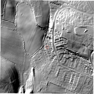 Shaded relief map of the ground around S739QY, computed from Environment Agency LiDAR. The ground here sits at about 42 m above sea level and falls 38 m across the surrounding 800 m. Surface water reaching this point runs off ground lying to the north-north-east, 9.5 m higher.