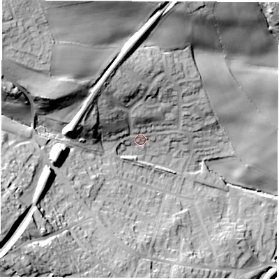 Shaded relief map of the ground around S748AG, computed from Environment Agency LiDAR. The ground here sits at about 59 m above sea level and falls 45 m across the surrounding 800 m. Surface water reaching this point runs off ground lying to the north-west, 18.1 m higher.