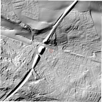 Shaded relief map of the ground around S748BN, computed from Environment Agency LiDAR. The ground here sits at about 62 m above sea level and falls 46 m across the surrounding 800 m. Surface water reaching this point runs off ground lying to the west-south-west, 34.4 m higher.