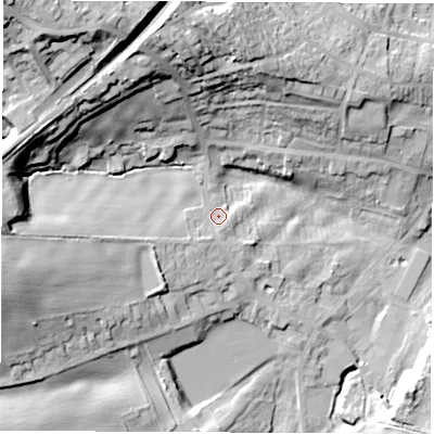 Shaded relief map of the ground around S748EE, computed from Environment Agency LiDAR. The ground here sits at about 61 m above sea level and falls 45 m across the surrounding 800 m. Surface water reaching this point runs off ground lying to the west-south-west, 17.3 m higher.