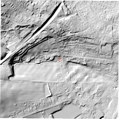 Shaded relief map of the ground around S748EF, computed from Environment Agency LiDAR. The ground here sits at about 60 m above sea level and falls 55 m across the surrounding 800 m. Surface water reaching this point runs off ground lying to the west-south-west, 28.4 m higher.