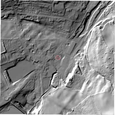 Shaded relief map of the ground around S748HJ, computed from Environment Agency LiDAR. The ground here sits at about 54 m above sea level and falls 56 m across the surrounding 800 m. Surface water reaching this point runs off ground lying to the south-east, 53.5 m higher.