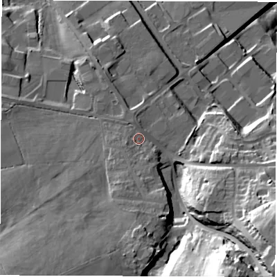Shaded relief map of the ground around S751HH, computed from Environment Agency LiDAR. The ground here sits at about 80 m above sea level and falls 51 m across the surrounding 800 m. Surface water reaching this point runs off ground lying to the south, 11.6 m higher.