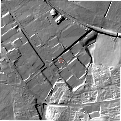Shaded relief map of the ground around S751HT, computed from Environment Agency LiDAR. The ground here sits at about 71 m above sea level and falls 46 m across the surrounding 800 m. Surface water reaching this point runs off ground lying to the west, 4.1 m higher.