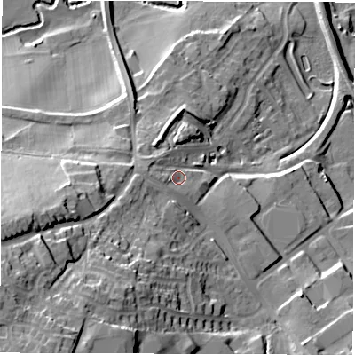 Shaded relief map of the ground around S751LR, computed from Environment Agency LiDAR. The ground here sits at about 70 m above sea level and falls 42 m across the surrounding 800 m. Surface water reaching this point runs off ground lying to the west-north-west, 4.3 m higher.