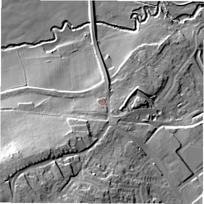 Shaded relief map of the ground around S751LS, computed from Environment Agency LiDAR. The ground here sits at about 70 m above sea level and falls 45 m across the surrounding 800 m. Surface water reaching this point runs off ground lying to the south-west, 28.6 m higher.