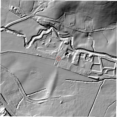 Shaded relief map of the ground around S751LT, computed from Environment Agency LiDAR. The ground here sits at about 53 m above sea level and falls 32 m across the surrounding 800 m. Surface water reaching this point runs off ground lying to the east, 1.5 m higher.