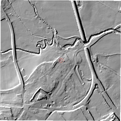 Shaded relief map of the ground around S751LX, computed from Environment Agency LiDAR. The ground here sits at about 60 m above sea level and falls 30 m across the surrounding 800 m. Surface water reaching this point runs off ground lying to the south-west, 5.1 m higher.